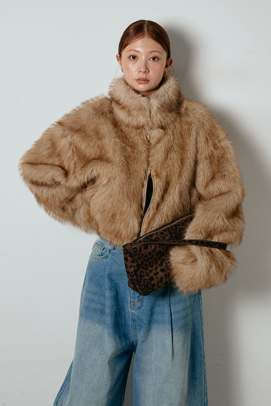 [SET]エコファーショート丈ブルゾン+加工デニムタックコクーンワイドパンツ(2set)