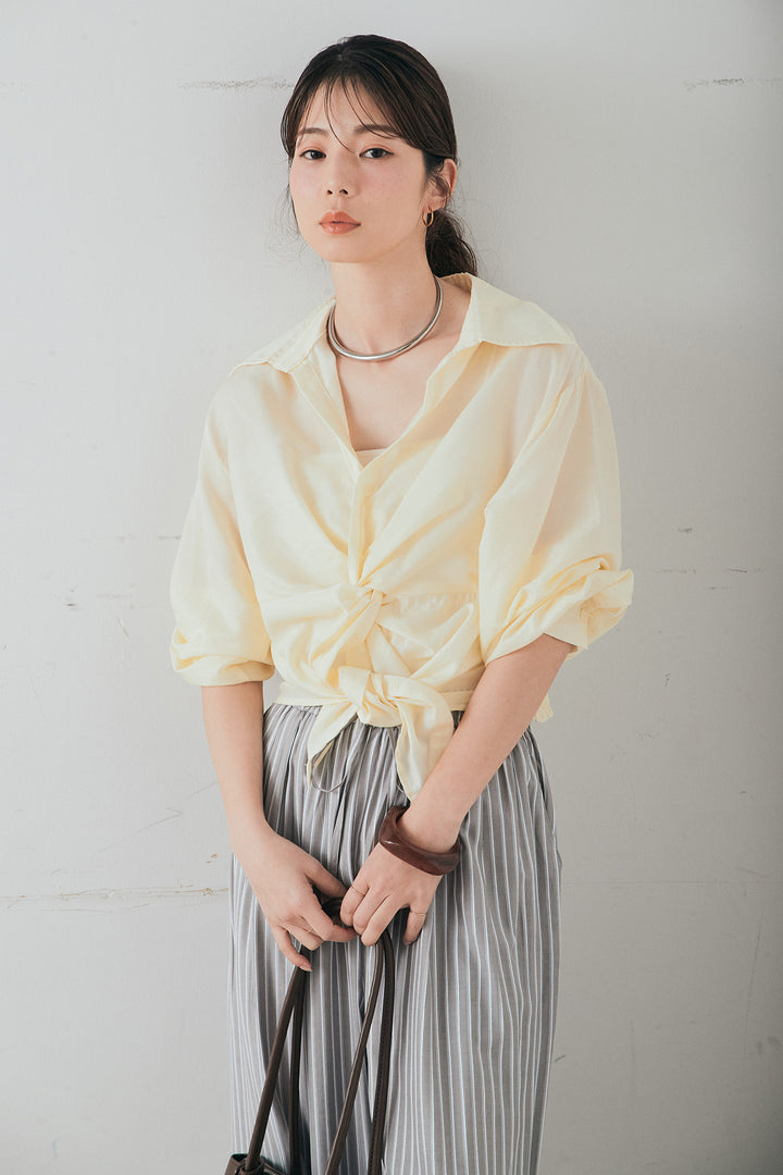 [SET]裾巻きツイストデザインシャツ+レーヨンストライプイージーワイドパンツ(2set)