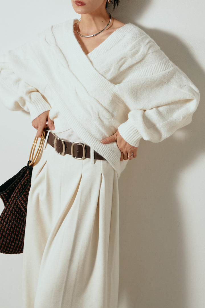 [SET]ケーブルカシュクールニットトップス+フェイクレザー太ベルト付きタックワイドパンツ(2set)