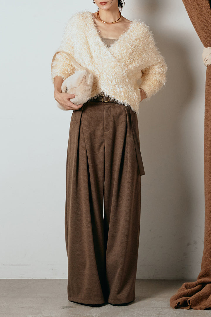[SET]シャギークロスニットトップス+細ベルト付き起毛タックワイドパンツ(2set)