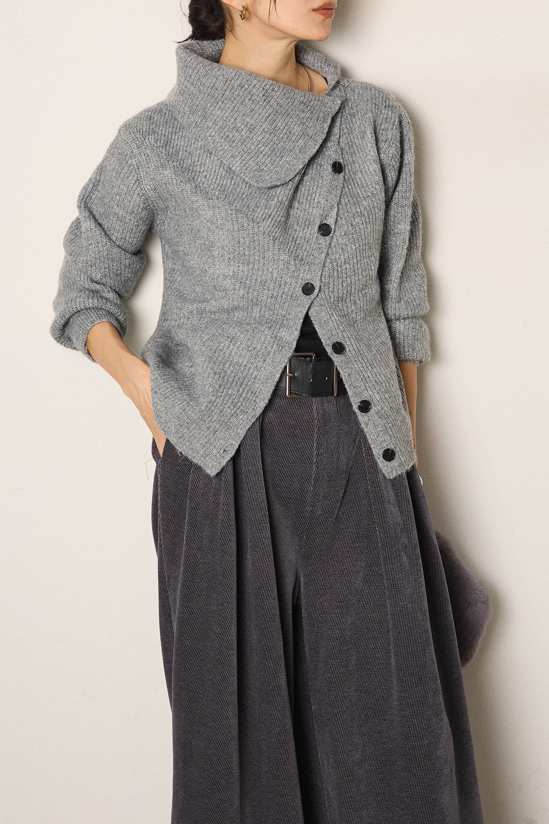 [SET]ボタンデザインネックニットプルオーバー+ベルトループコーデュロイワイドパンツ(2set)