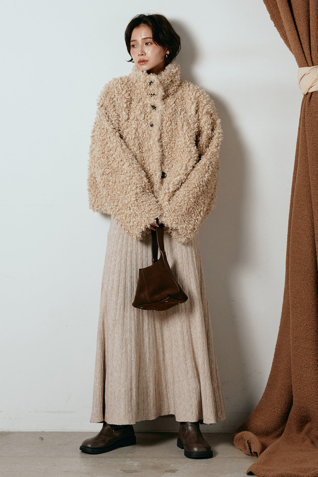[SET]プードルファーミドルジャケット+編み地切り替えフレアニットスカート(2set)