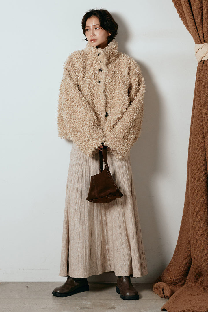 [SET]プードルファーミドルジャケット+編み地切り替えフレアニットスカート(2set)