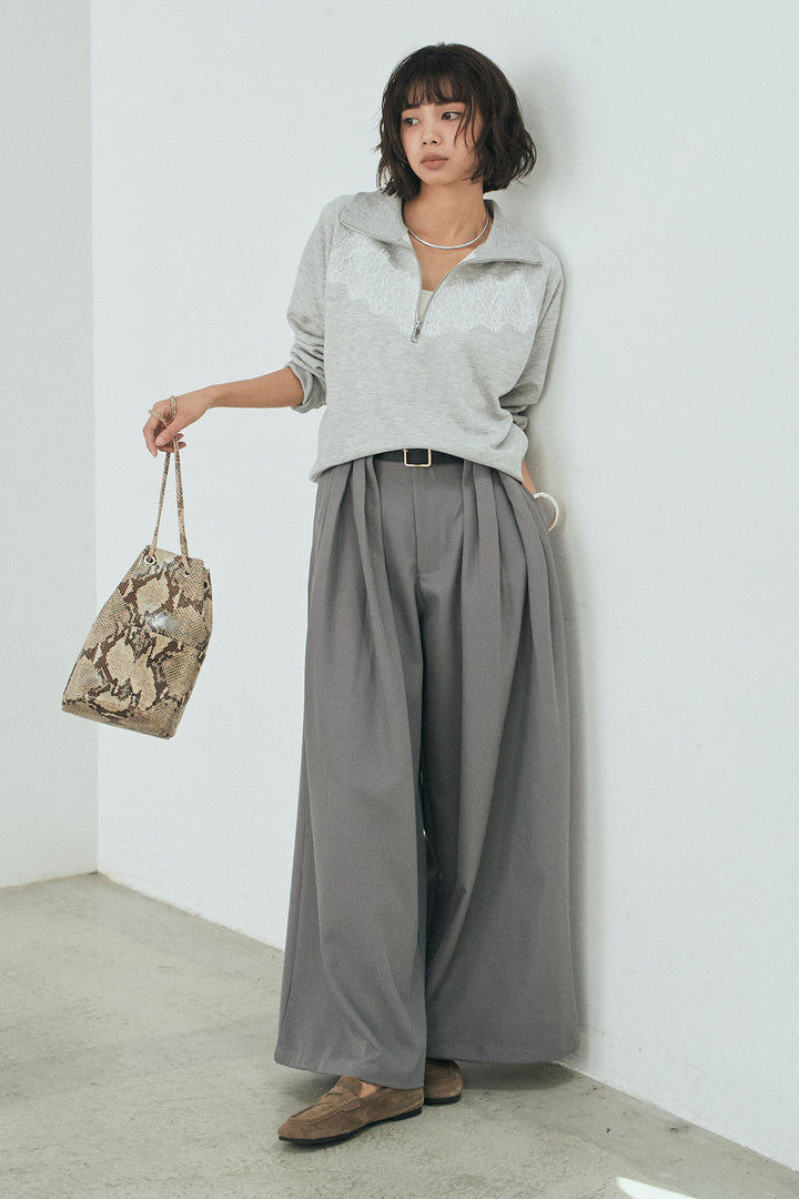 [SET]リバーレースハーフジップ裏毛スウェット+ベルト付きタックデザインハイウエストロングパンツ(2set)