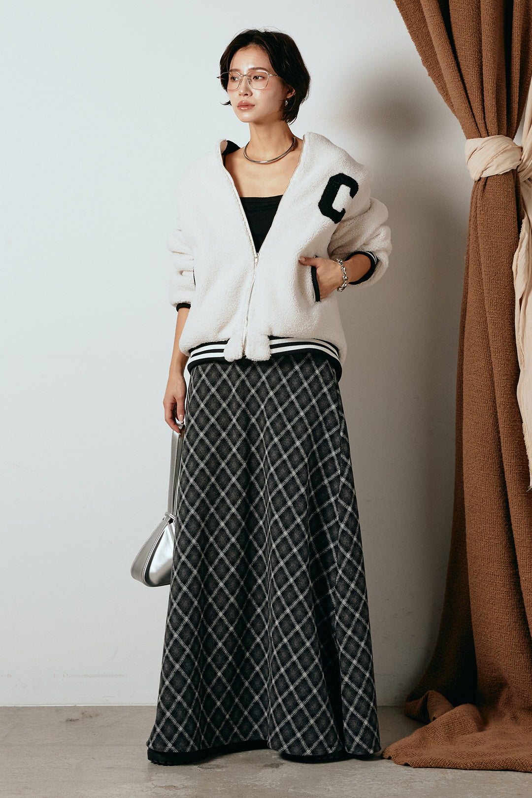 [SET]ロゴスタジャンボアブルゾン+フロッキー起毛チェックスカート(2set)