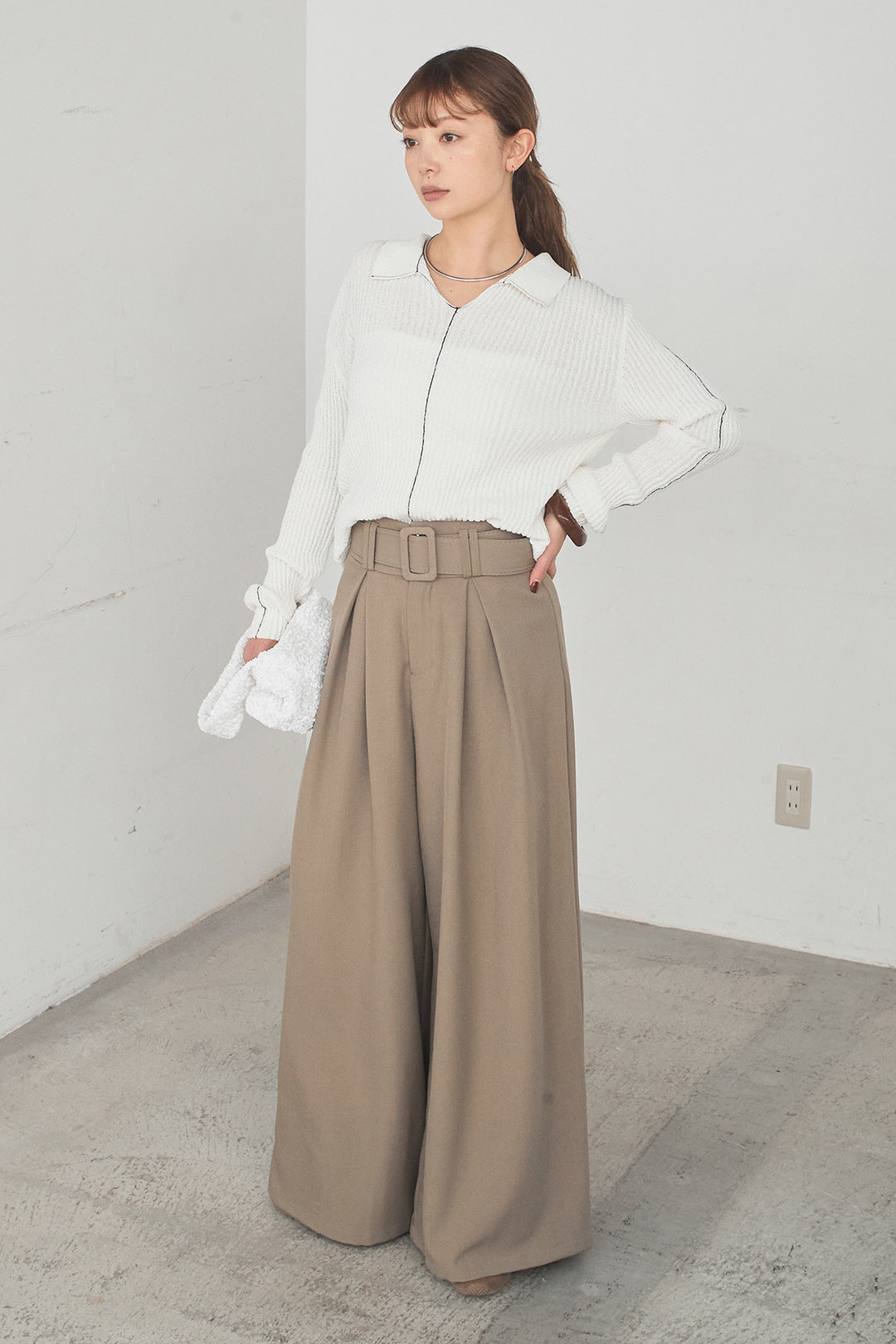 [SET]衿付きニットプルオーバー+ベルト付きツータックワイドパンツ(2set)