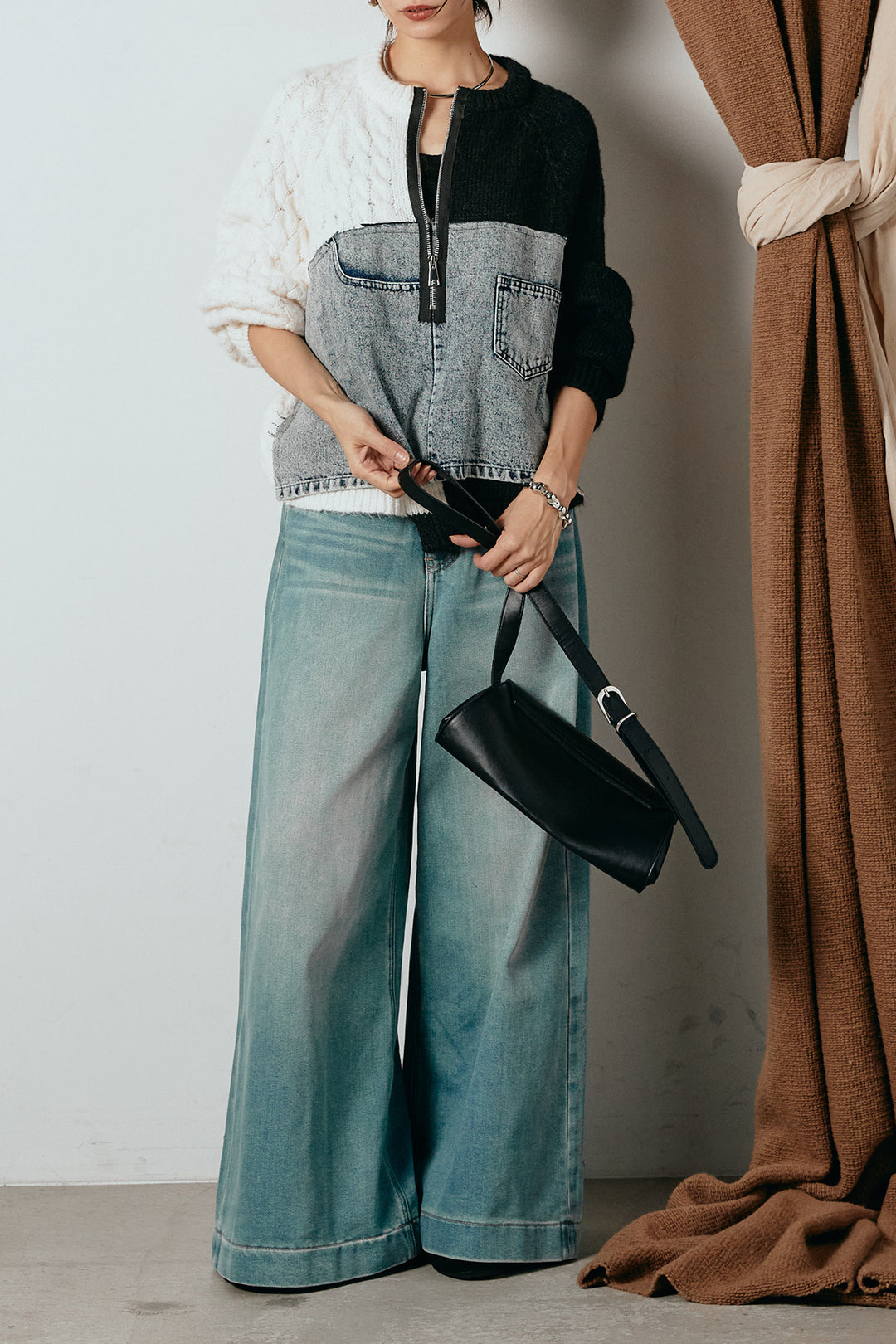 [SET]ハーフジップニットデニムドッキングトップス+ウエストダブルボタンワイドデニムパンツ(2set)