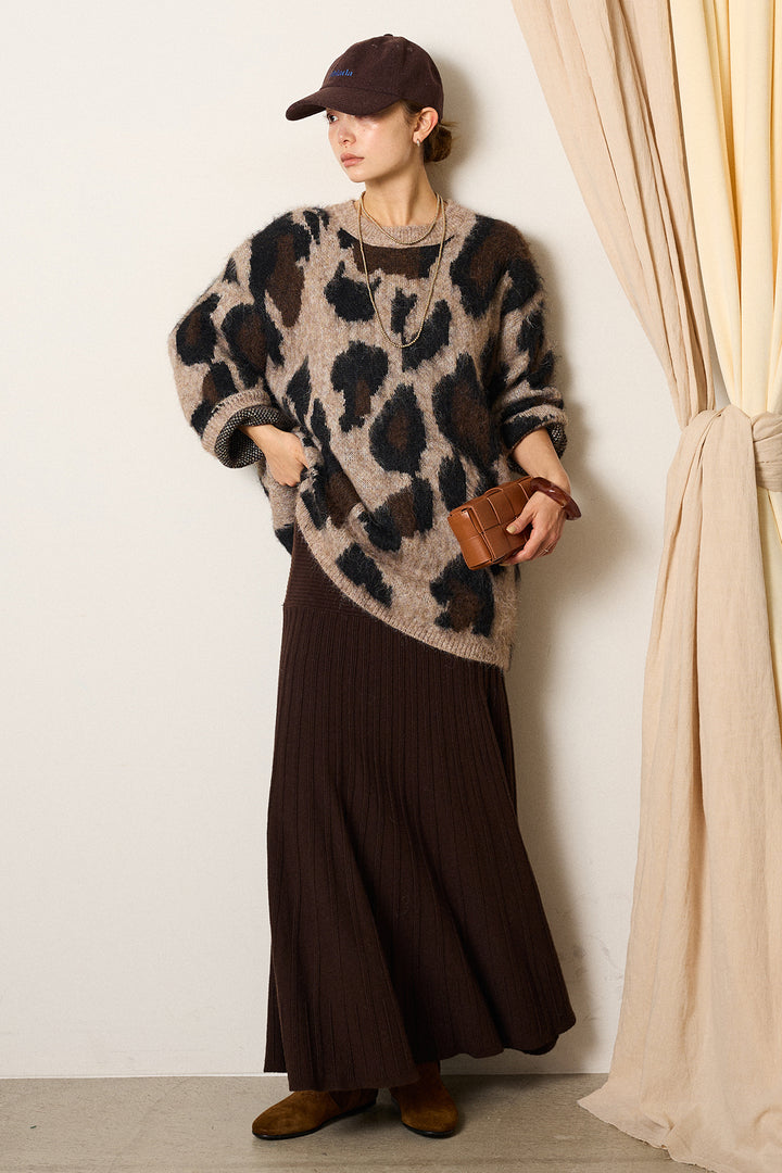 [SET]ルーズアニマルモヘアニットトップス+編み地切り替えフレアニットスカート(2set)