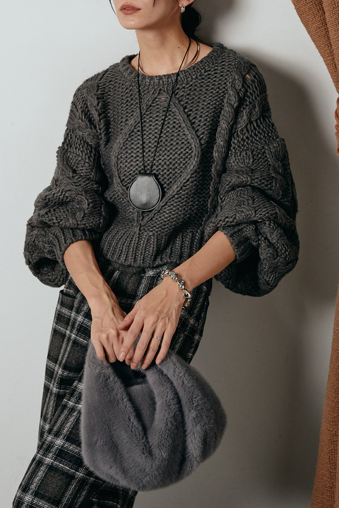 [SET]ロービングケーブルショート丈プルオーバー+ルーズタータンチェックワイドパンツ(2set)