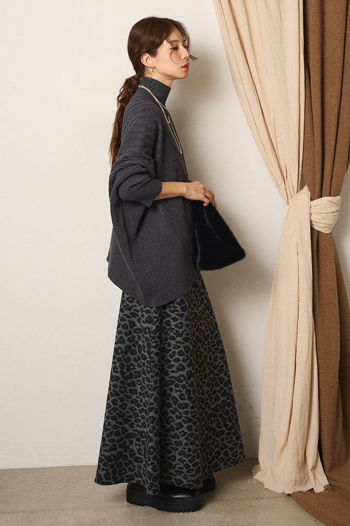 [SET]アシメデザインリブポンチョニットトップス+レオパードロングスカート(2set)