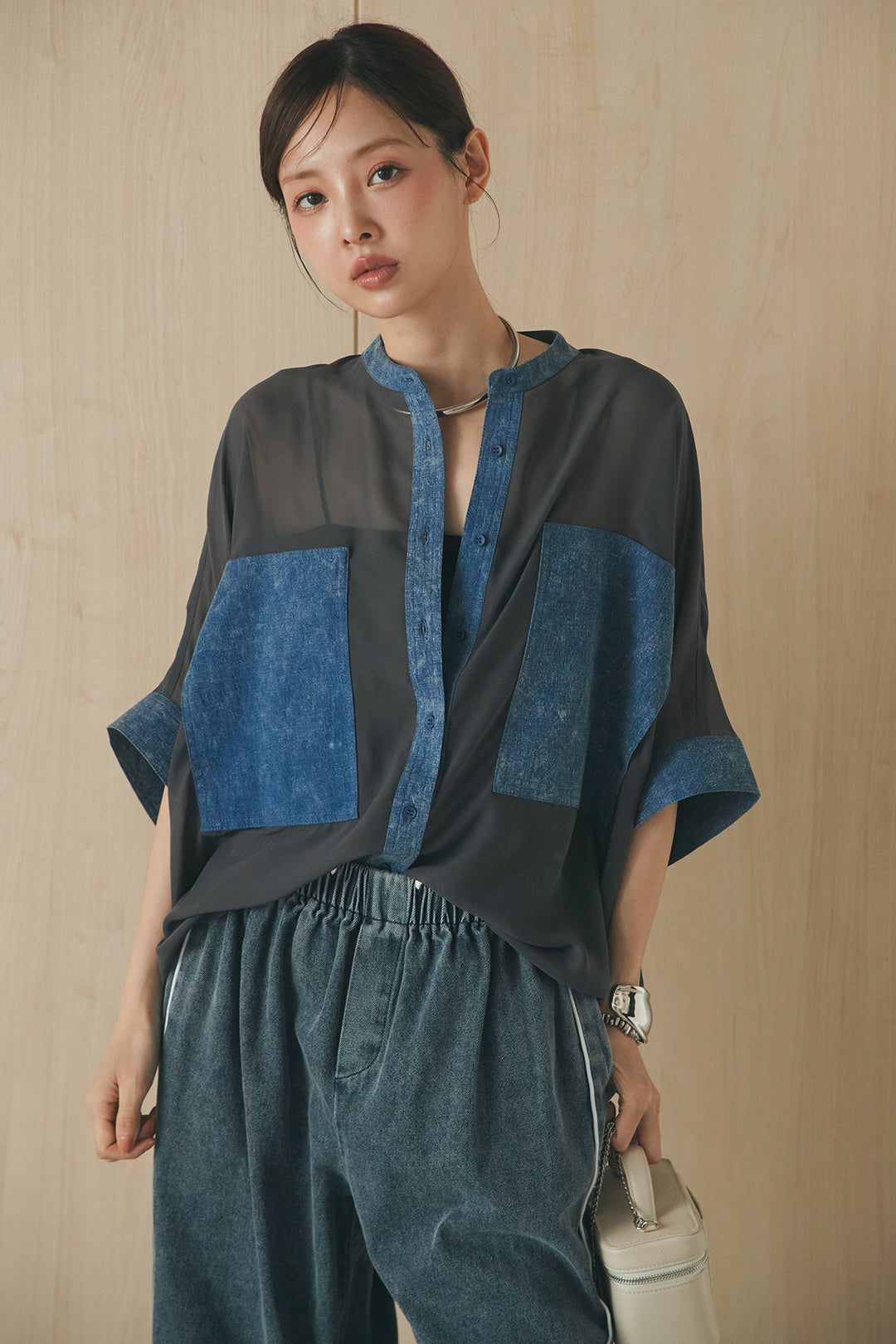 [SET]デニムライクビッグツーポケシアーシャツ+ドロストサイドラインデニムパンツ(2set)