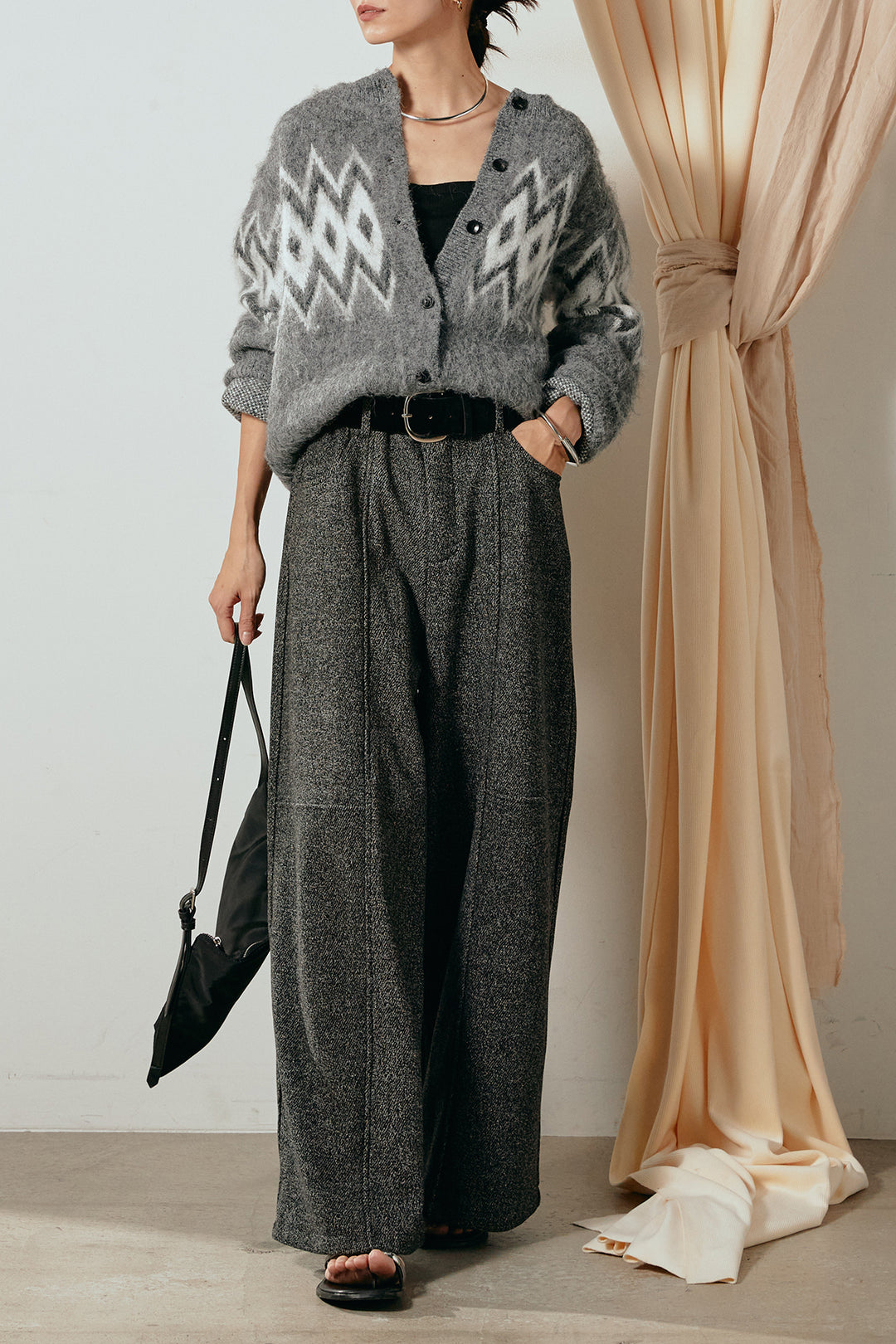 [SET]起毛ノルディック柄ニットカーディガン+太ベルト付きツイードワイドパンツ(2set)