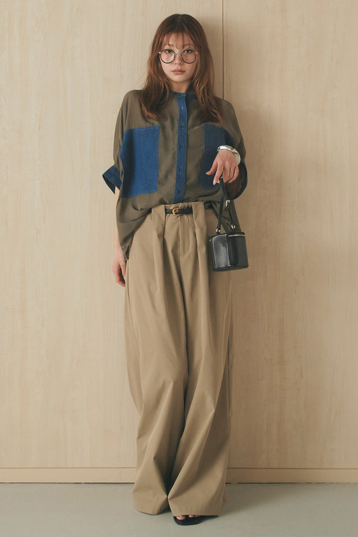 [SET]デニムライクビッグツーポケシアーシャツ+ベルトループデザインハイウエストタックパンツ(2set)