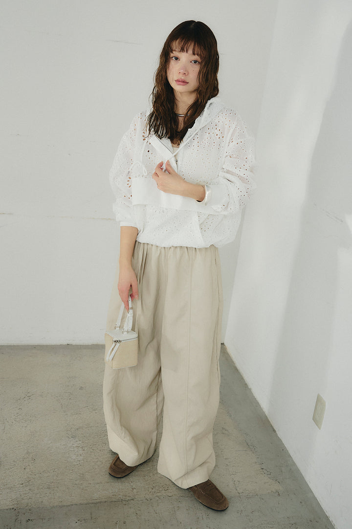 [SET]レースハーフジップアップフーディー+フェイクレザーカーブワイドパンツ(2set)