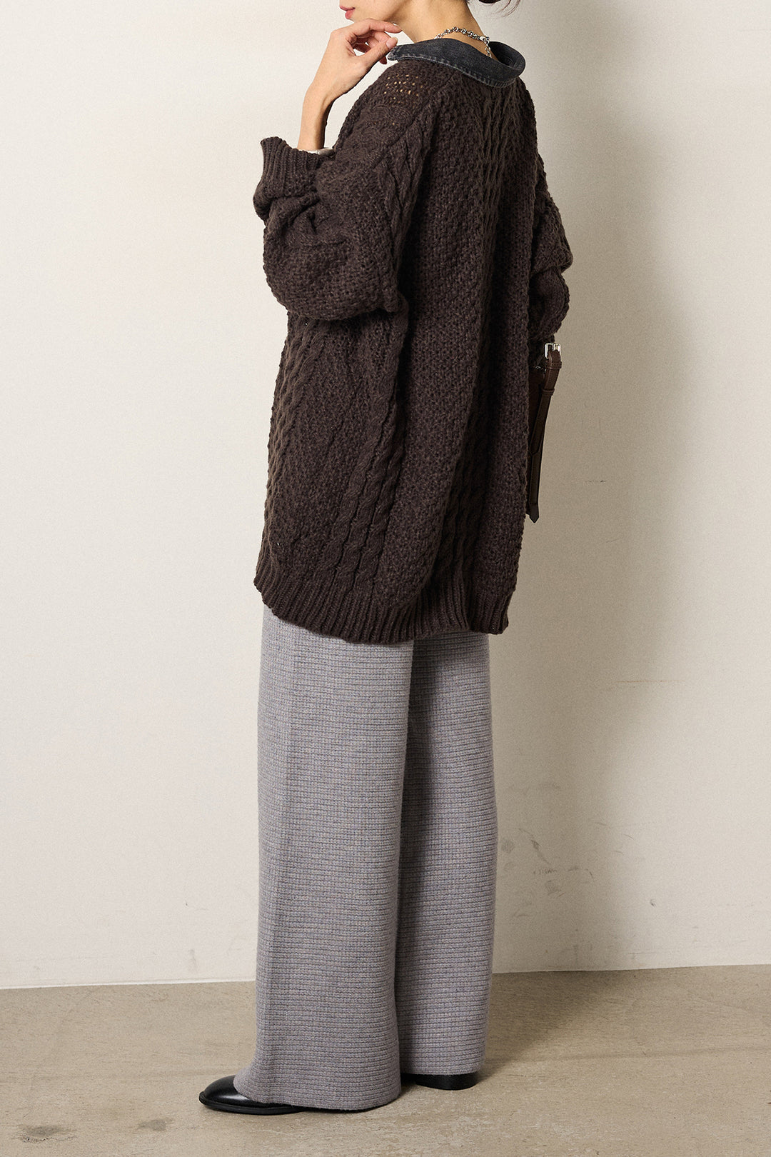 [SET]デニムカラーケーブルオーバーニット+ワイドリブニットイージーパンツ(2set)