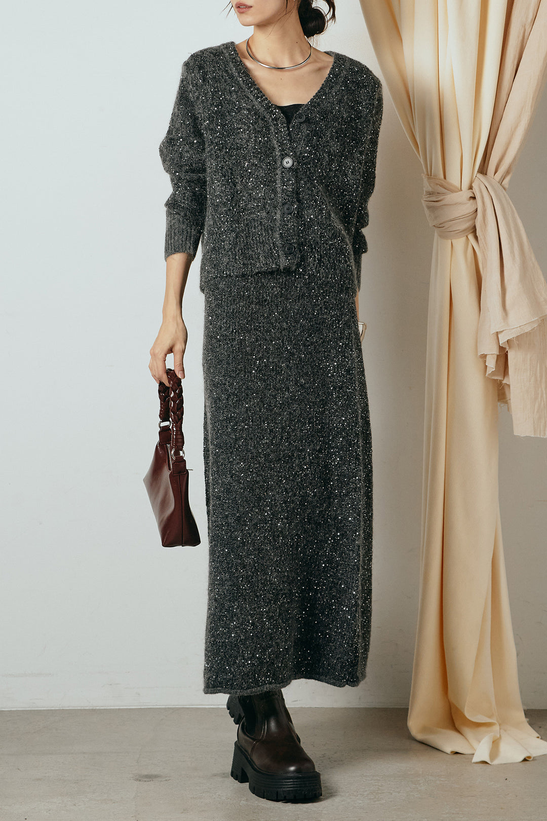 [SET]ミニラメニットカーディガン+ミニラメニットスカート(2set)