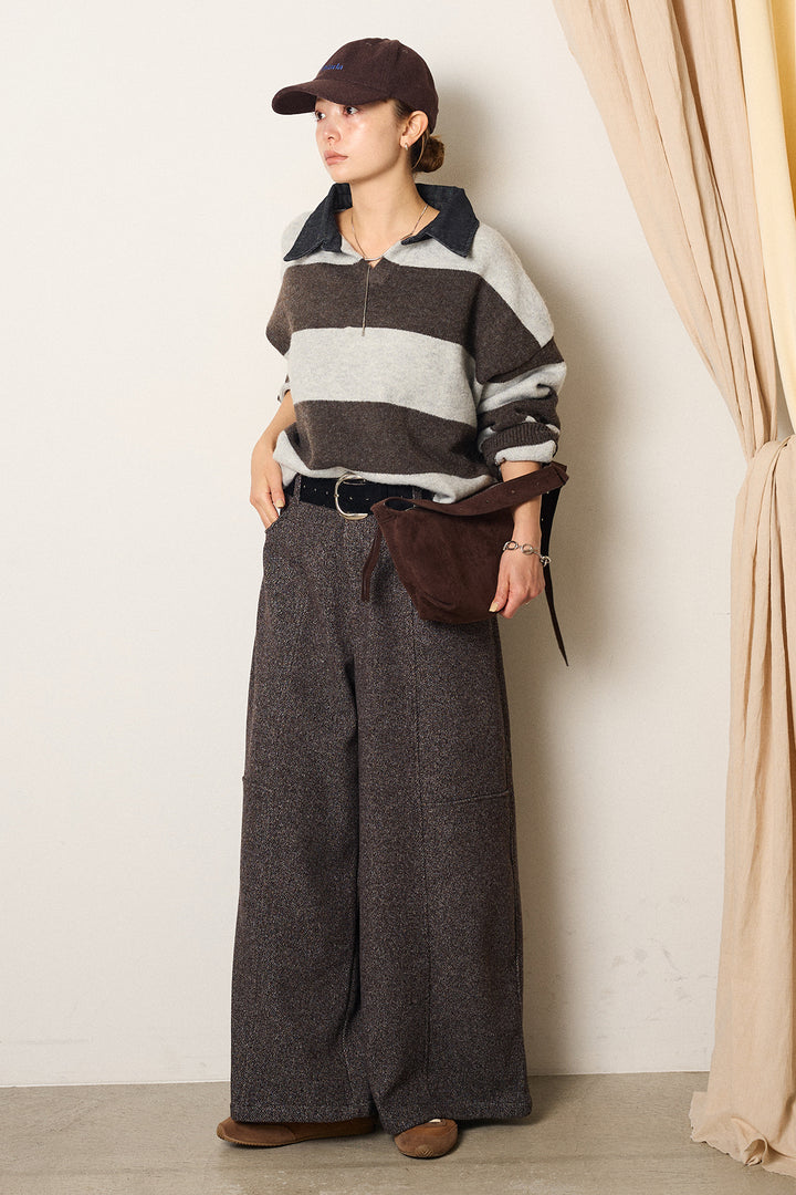 [SET]デニムカラーボーダールーズニット+太ベルト付きツイードワイドパンツ(2set)