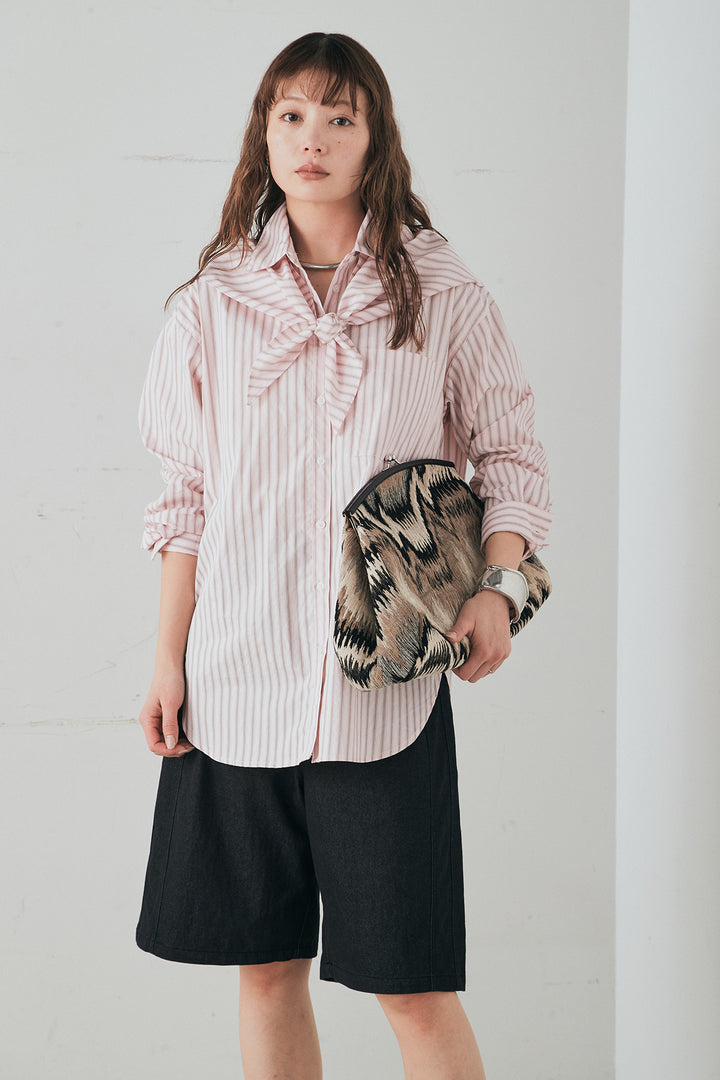 [SET]ランダムストライプスカーフ付きシャツ+デニムハーフパンツ(2set)