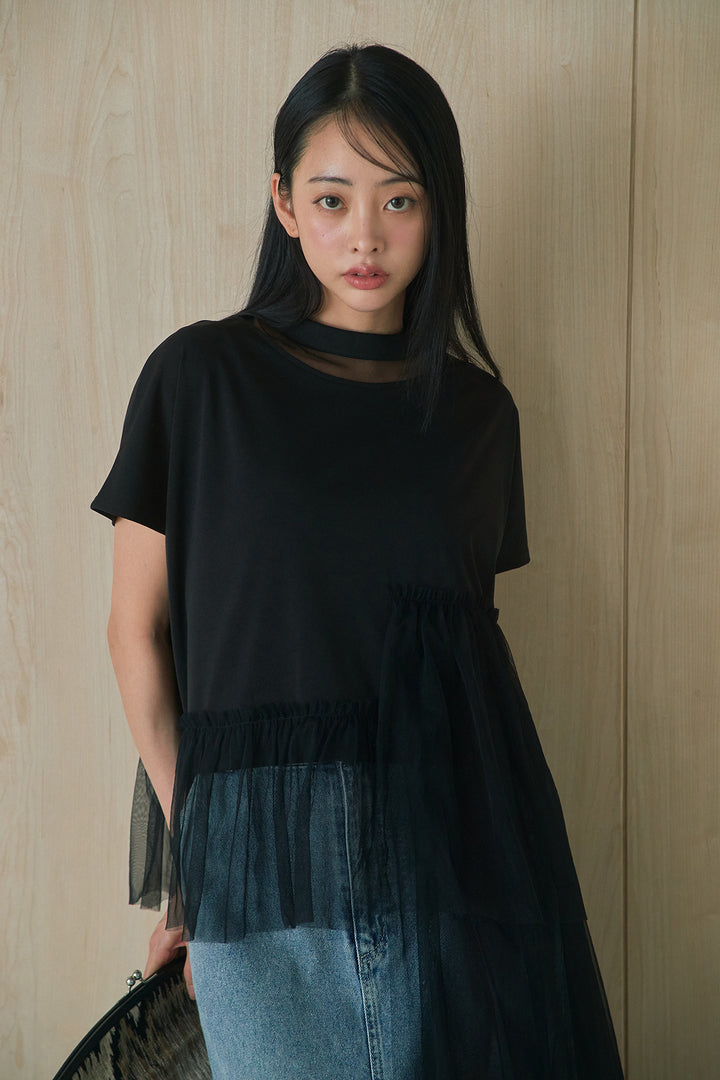 [SET]アシンメトリーチュールフリルTシャツ+デニムロングフレアスカート(2set)