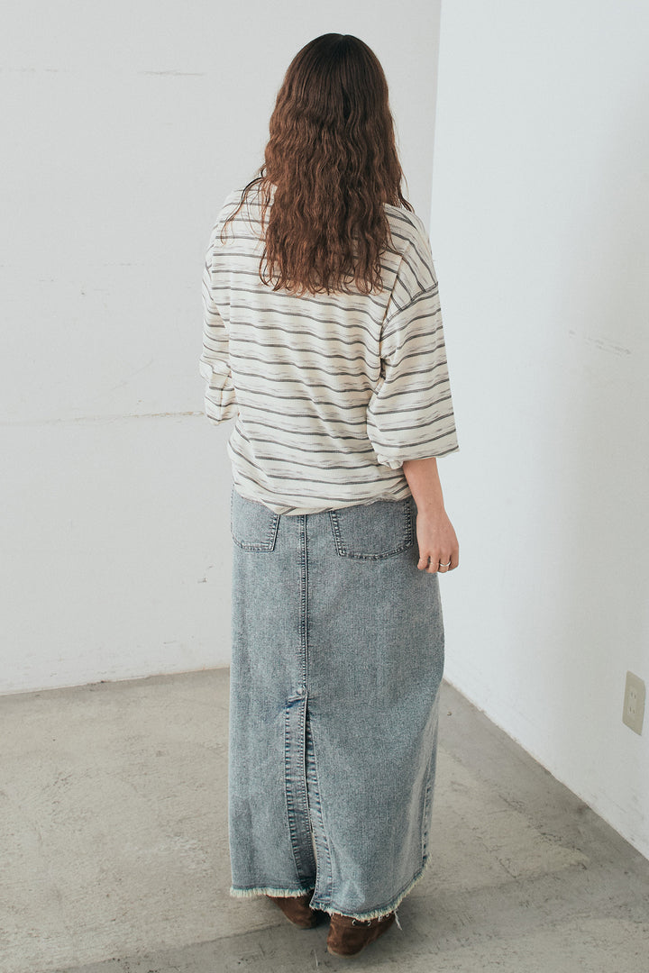 [SET]レースアップワッフルボーダートップス+ウエストクロスデニムタイトスカート(2set)
