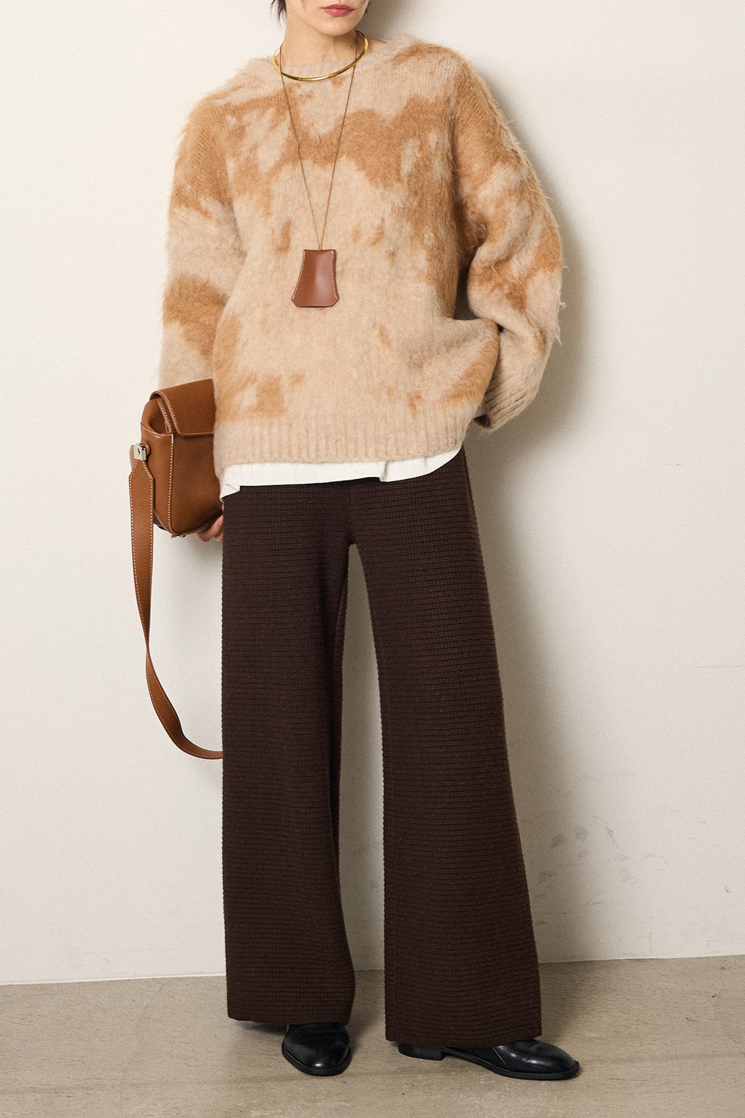 [SET]モヘアタッチマーブルニット+箔プリントBIGシルエットロングスリーブTシャツ+ワイドリブニットイージーパンツ(3set)