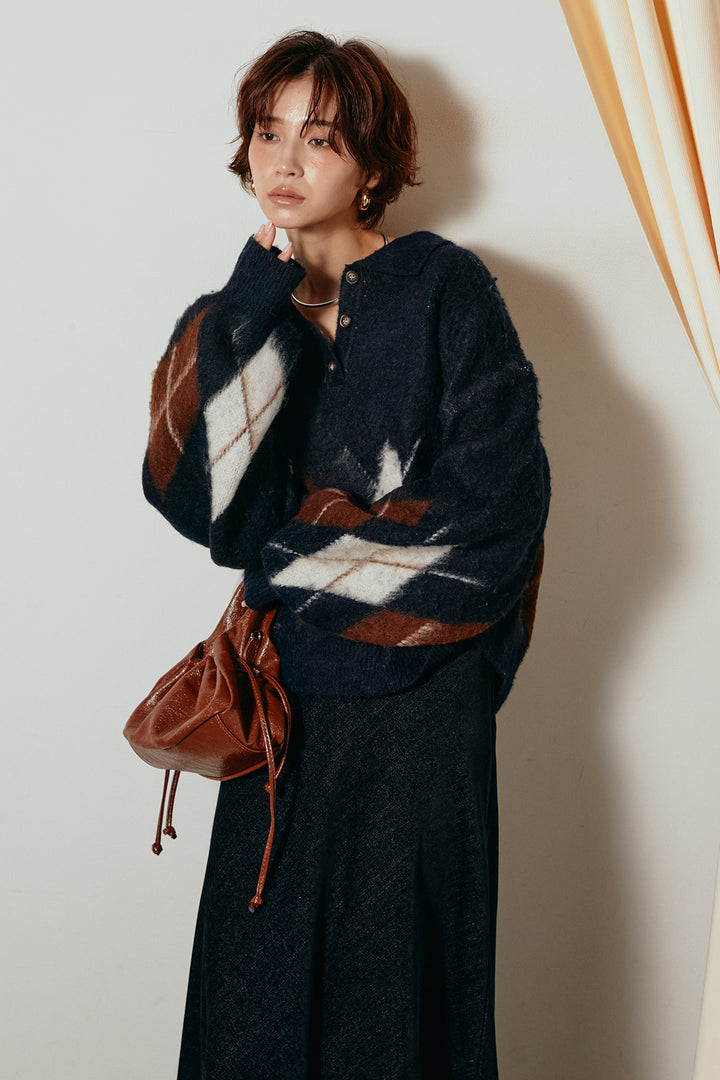 [SET]アーガイル柄ポロニットトップス+スウェードライクロングスカート(2set)