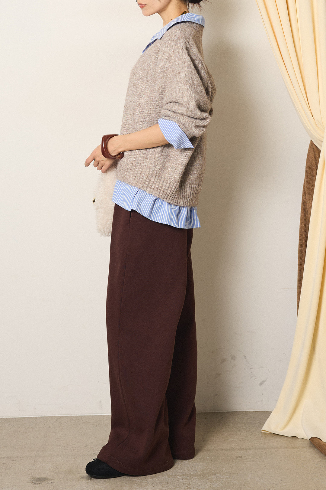 [SET]ストライプシャツドッキングニットポロトップス+裏起毛スウェットワイドパンツ(2set)