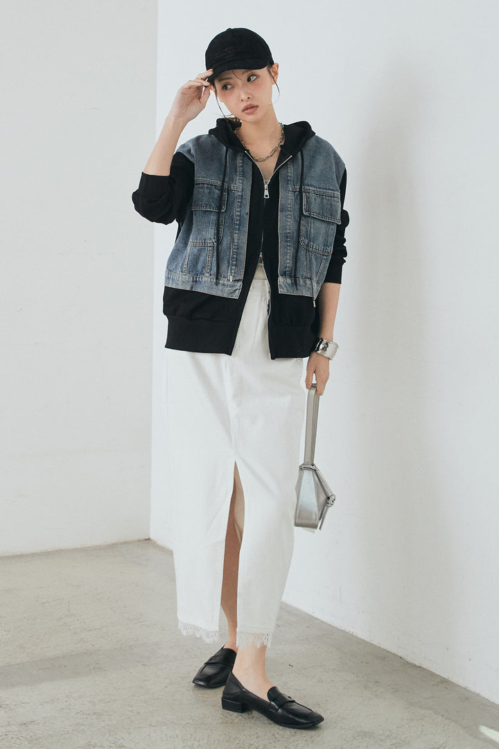 [SET]デニム切替ポンチダブルジップパーカー+裾レースデザインデニムスカート(2set)