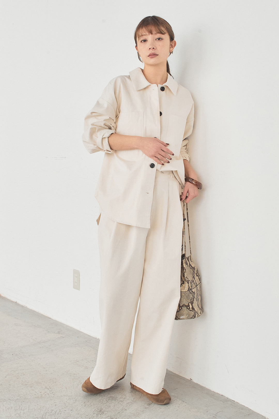 [SET]ツイルシャツジャケット+ツイルハイウエストタックパンツ(2set)