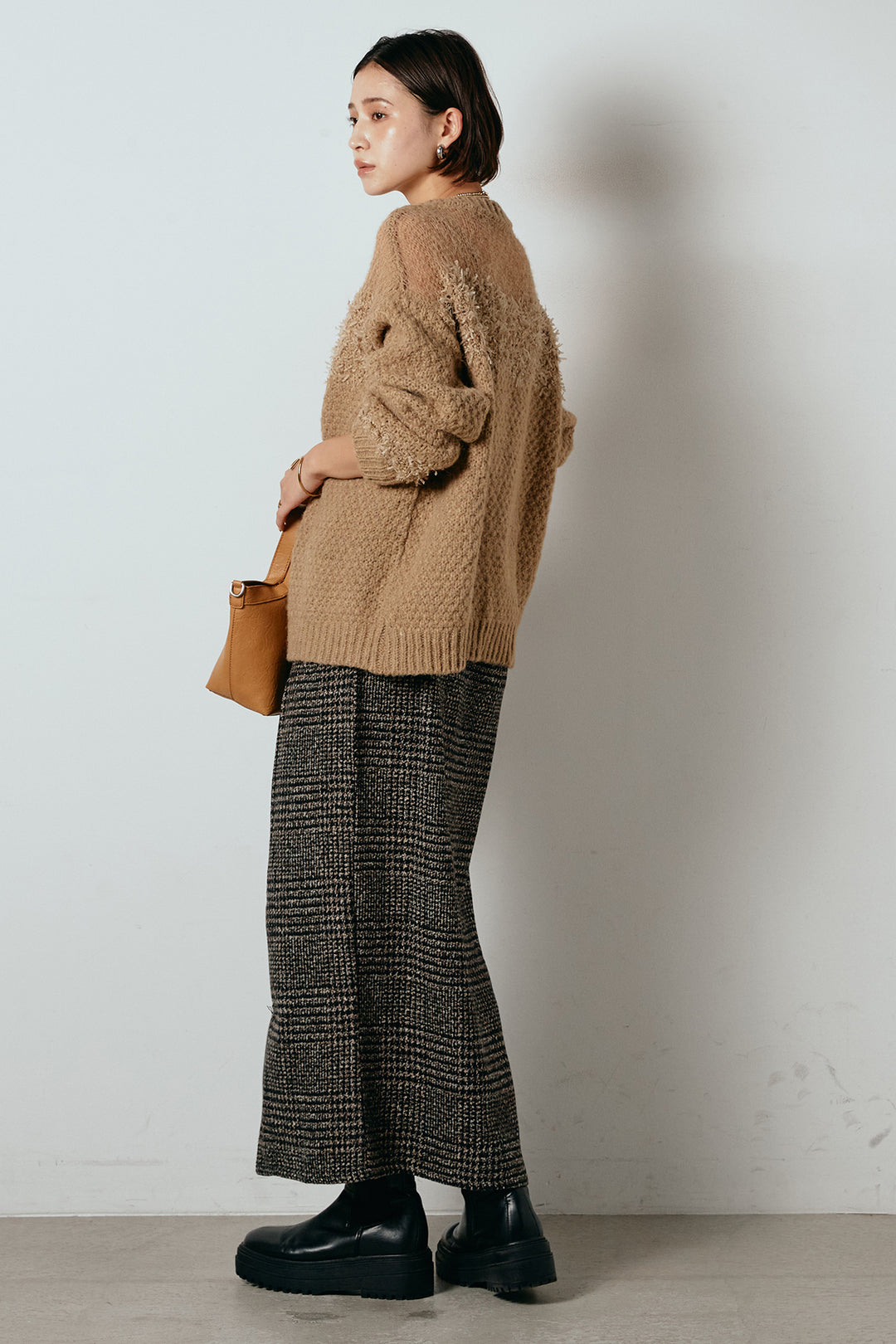 [SET]パターンランダム編みニットトップス+グレンチェック柄フロントジップタイトスカート(2set)