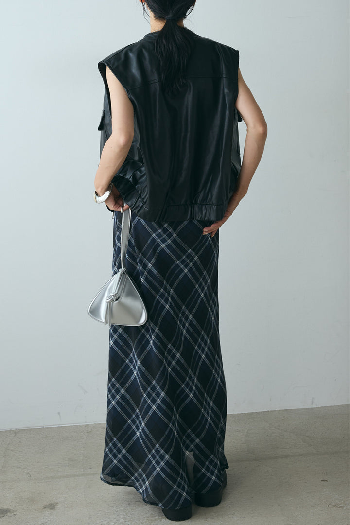 [SET]バンドカラーフェイクレザーベスト+マルチ柄シアースカート(2set)