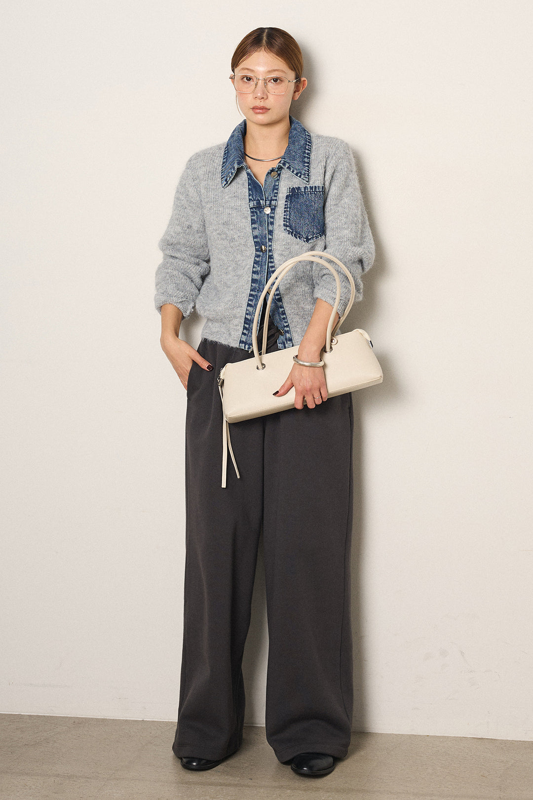 [SET]襟付きデニム切替ニットカーディガン+裏起毛スウェットワイドパンツ(2set)