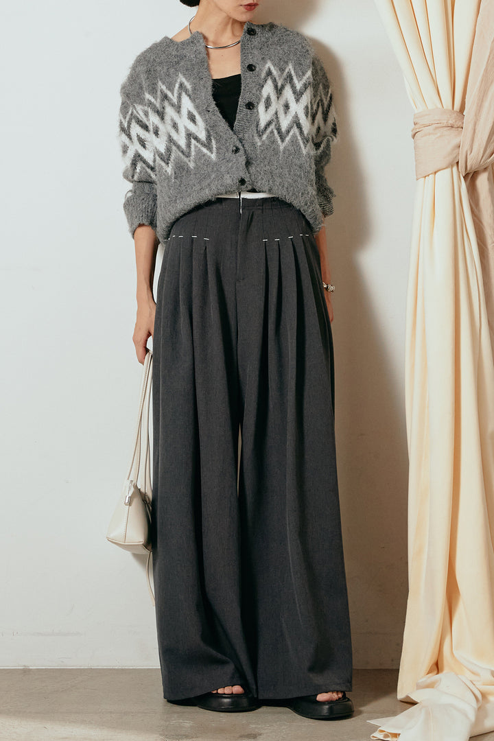 [SET]起毛ノルディック柄ニットカーディガン+ウエストステッチデザインワイドスラックス(2set)