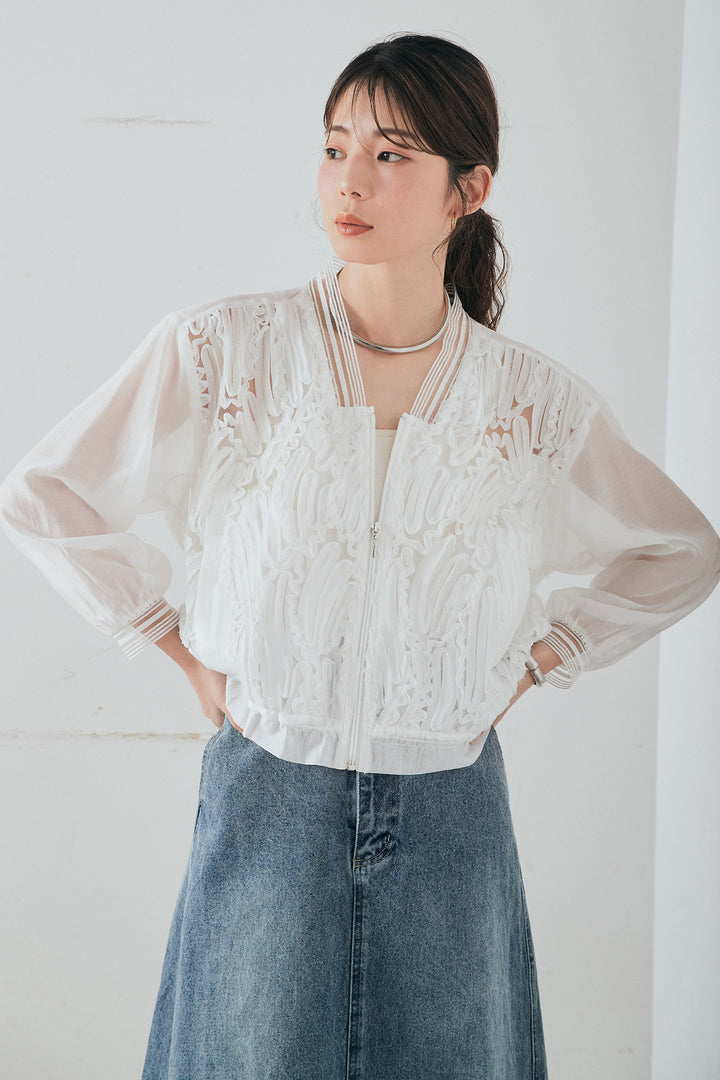 [SET]モチーフ付きシアーブルゾン+デニムロングフレアスカート(2set)