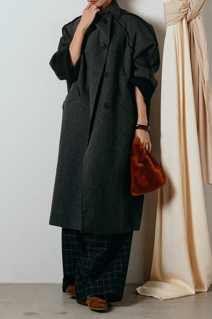[SET]裏地ボアハイネックロングアウター+ウールライクチェックタックパンツ(2set)