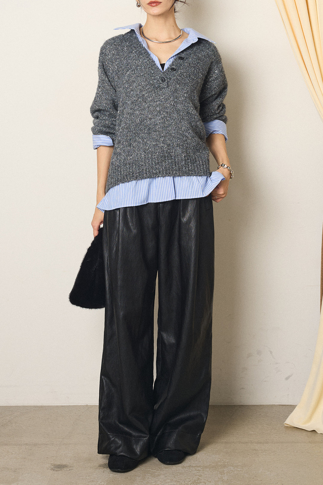 [SET]ストライプシャツドッキングニットポロトップス+ベルト付きレザーライクタックパンツ(2set)