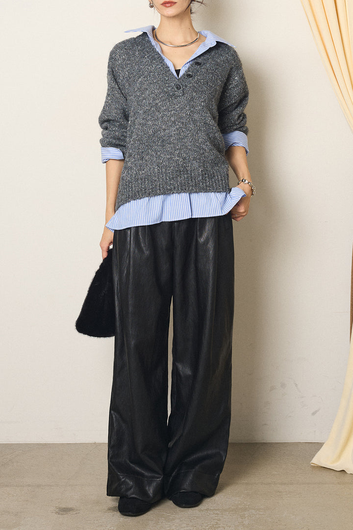 [SET]ストライプシャツドッキングニットポロトップス+ベルト付きレザーライクタックパンツ(2set)