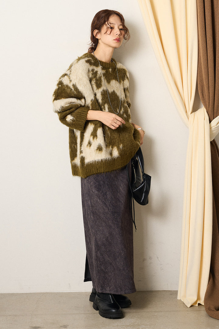 [SET]モヘアタッチマーブルニット+ロープベルト付きスウェード調スカート(2set)