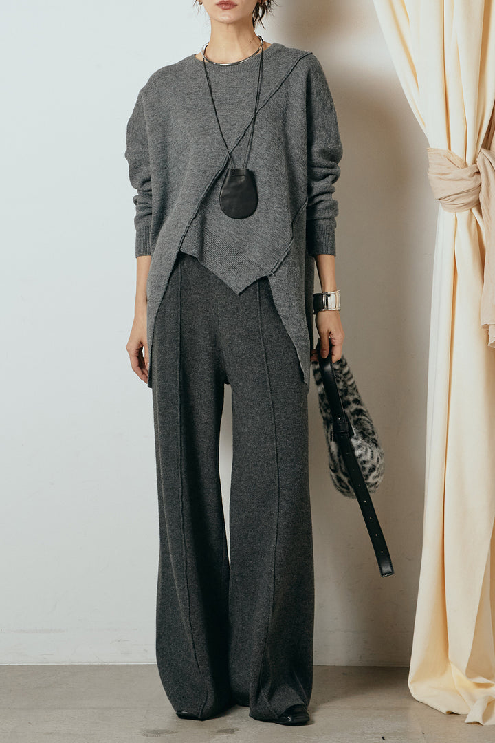 [SET]アシンメトリーデザインニットトップス+センターラインニットパンツ(2set)