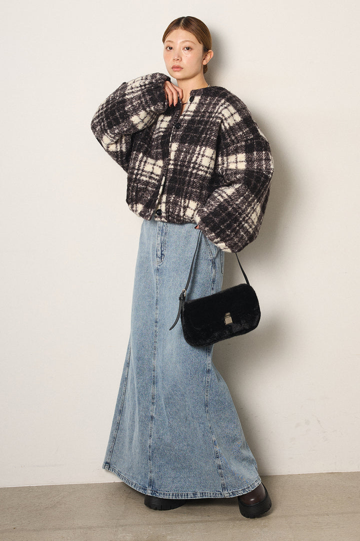 [SET]ノーカラーチェック柄ボアブルゾン+デニムロングフレアスカート(2set)
