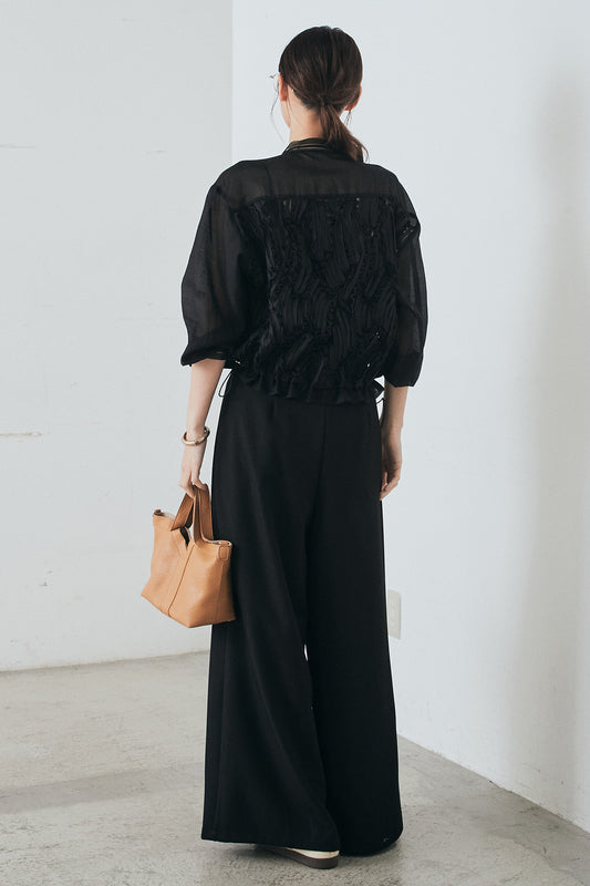 [SET]モチーフ付きシアーブルゾン+ベルト付きツータックワイドパンツ+ベルト付きツータックワイドパンツ(3set)