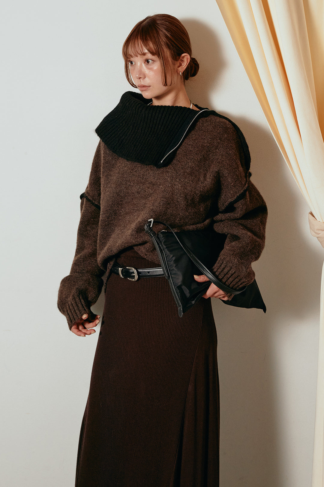[SET]ハイネックジップデザインニットトップス+サイド切り替えリブニットロングスカート(2set)