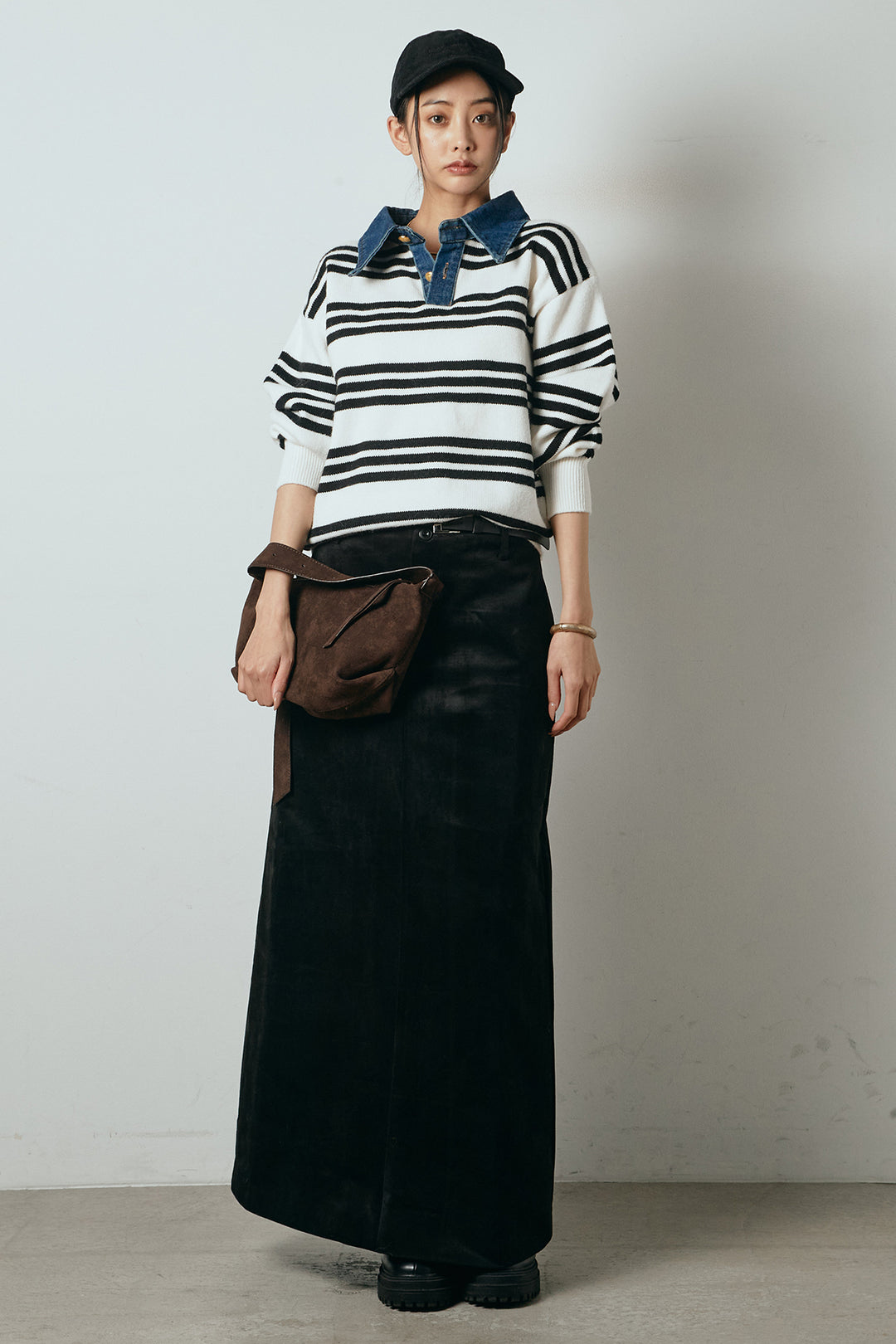 [SET]デニムレイヤード風ランダムボーダーニットプルオーバー+エコスウェードワイドスカート(2set)