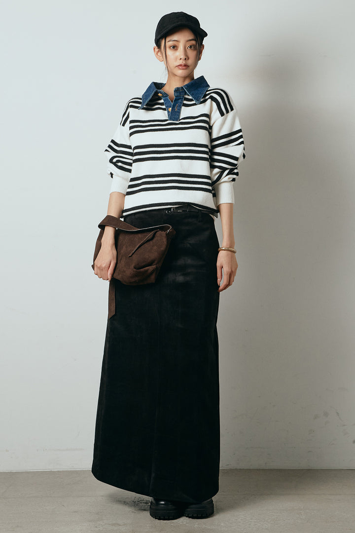 [SET]デニムレイヤード風ランダムボーダーニットプルオーバー+エコスウェードワイドスカート(2set)