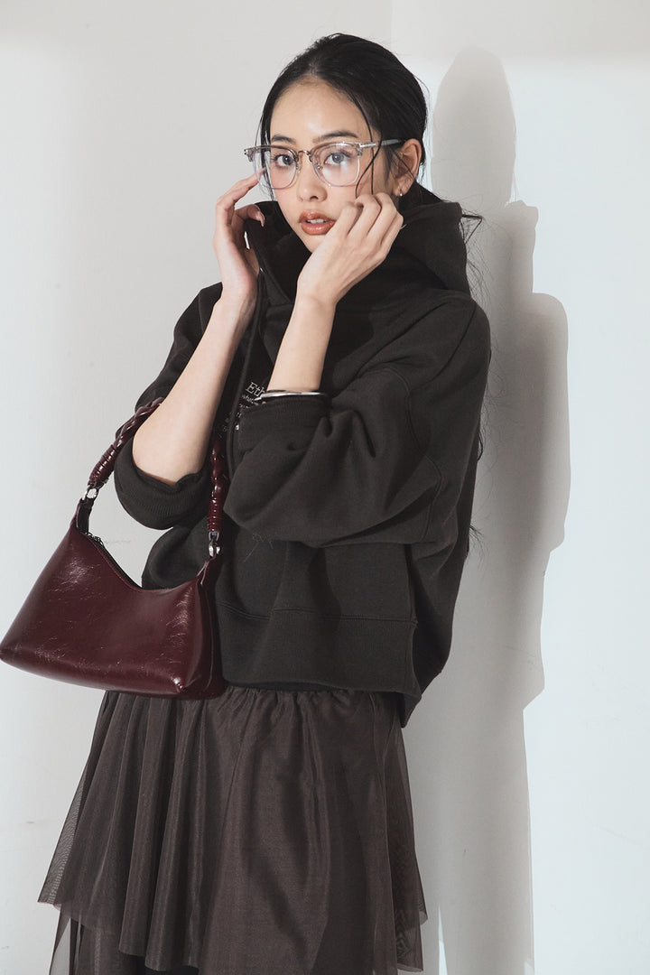 [SET]裏起毛レタリング刺繍フーディショートプルオーバー+チュールレイヤードニットパンツ(2set)