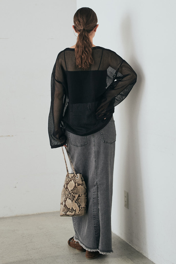 [SET]メッシュカットソースキッパープルオーバー+ウエストクロスデニムタイトスカート(2set)