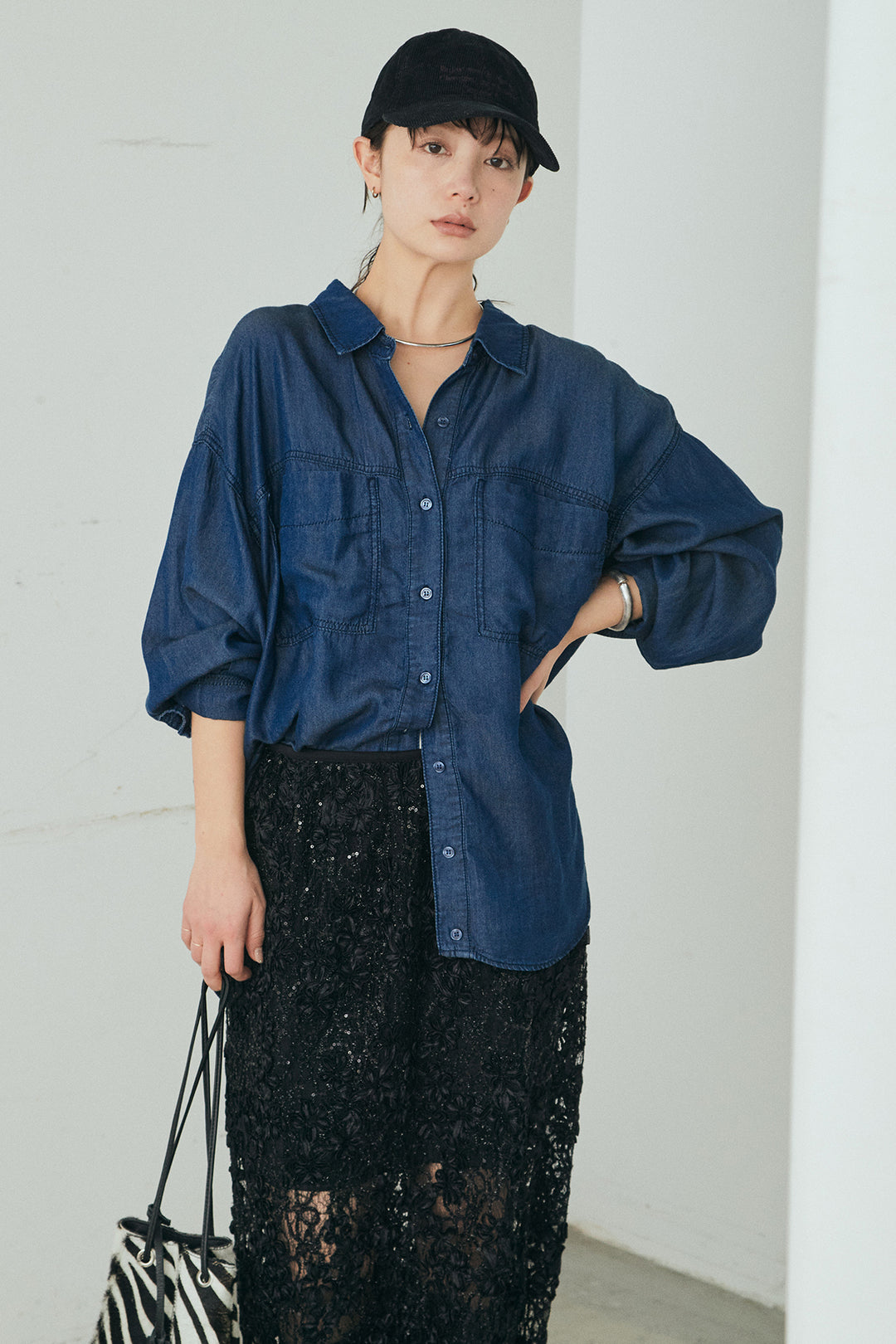 [SET]テンセルデニムシャツ+ラメ刺繍デザインスカート(2set)