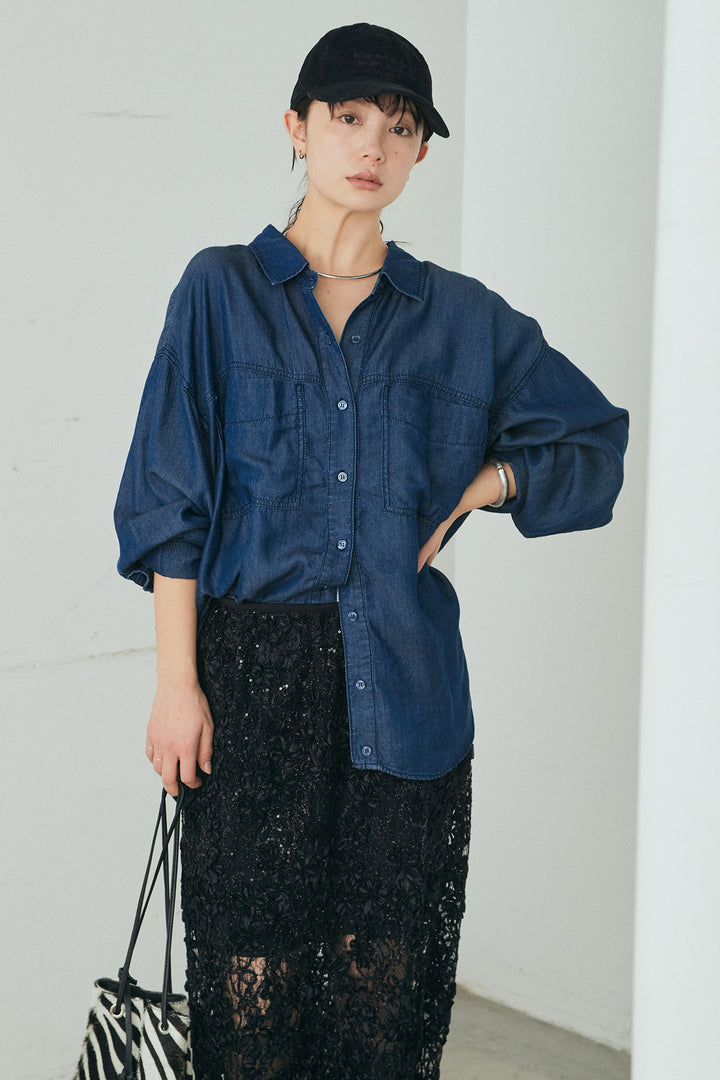 [SET]テンセルデニムシャツ+ラメ刺繍デザインスカート(2set)