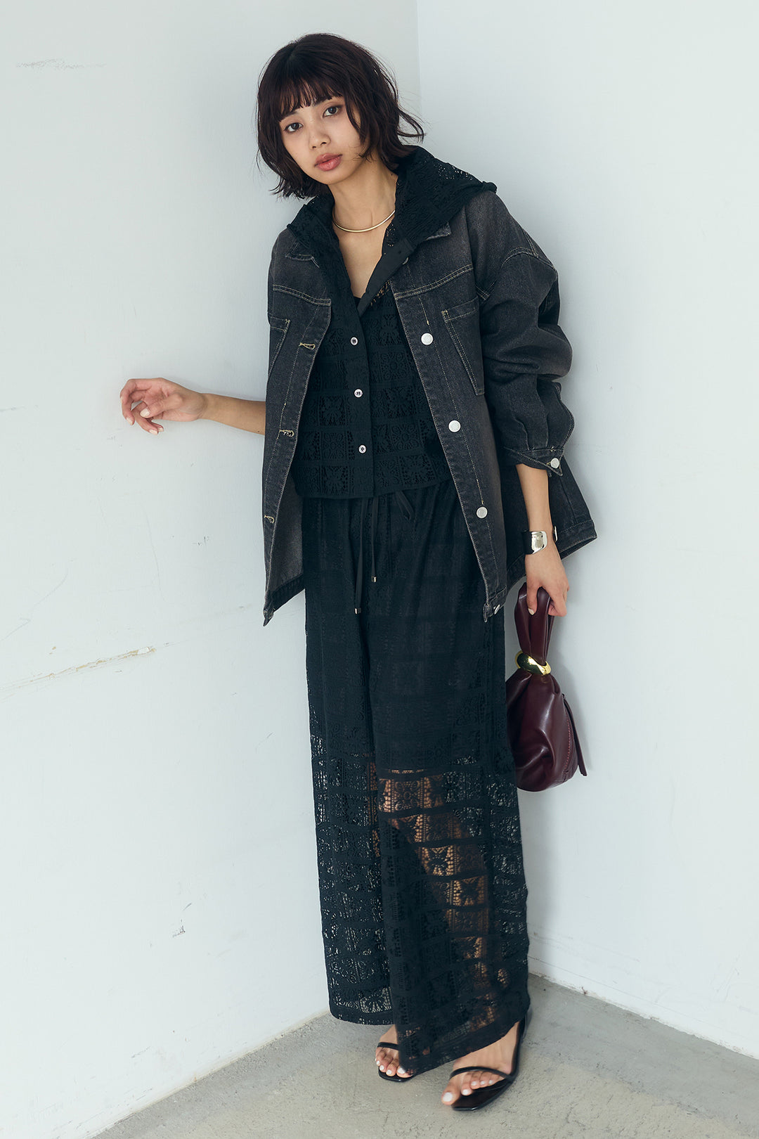 [SET]パッチワークレースショート丈フードシャツ+パッチワークレースイージーパンツ(2set)