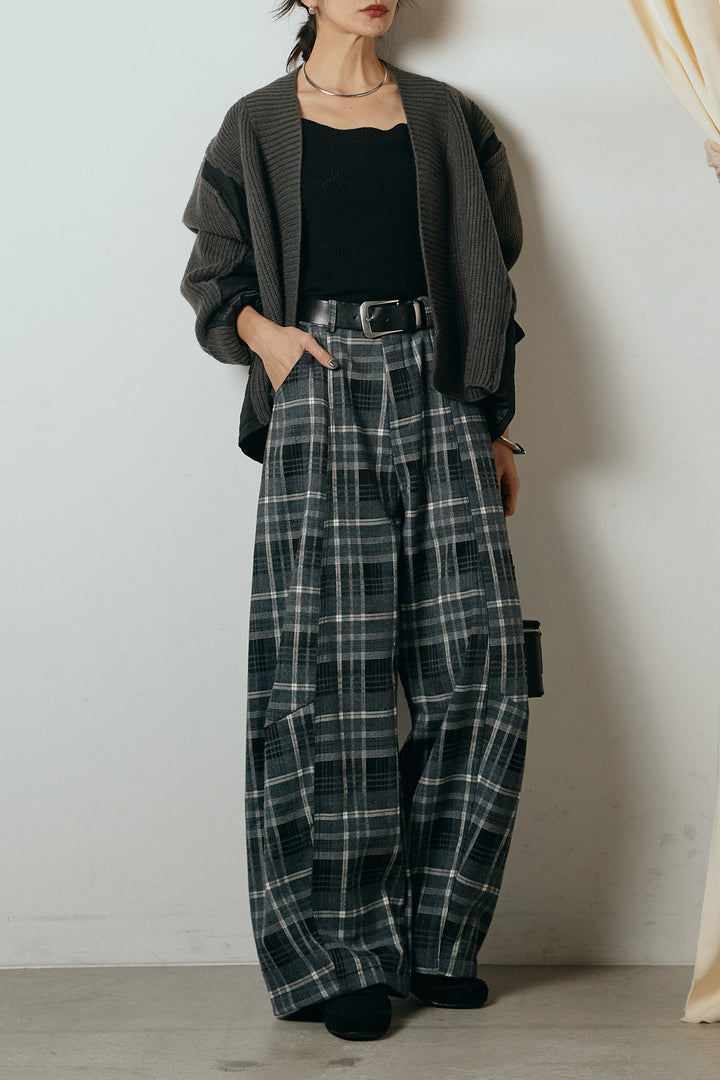 [SET]キルティング切り替えニットカーディガン+ベルト付きタータンチェックカーブワイドパンツ(2set)